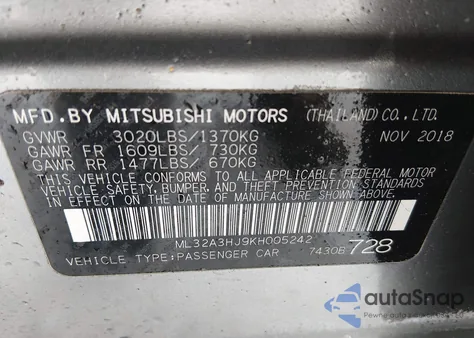 2019 Mitsubishi Mirage Es из США, поврежденный, VIN ML32A3HJ9KH005242